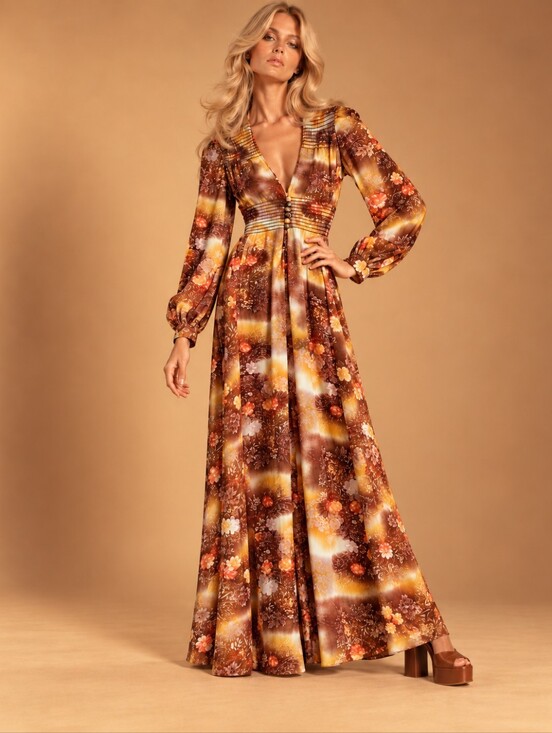 Vintage Dresses & Skirts - True Vintage 70's Floral Maxi Dress Size XS/S Long Sleeve V Neck